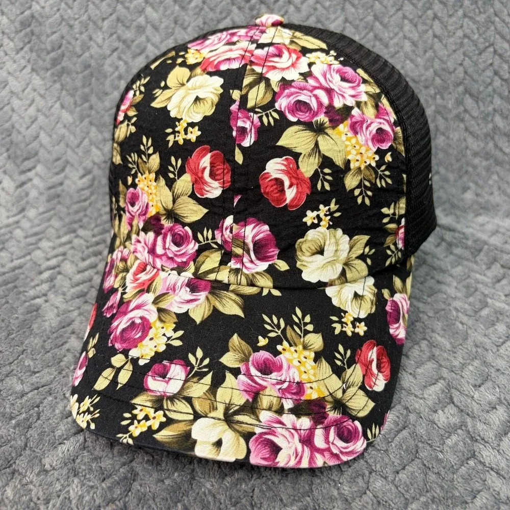 Floral Rose Print Trucker Hat Black Mesh Snapback Cap Adjustable 1308